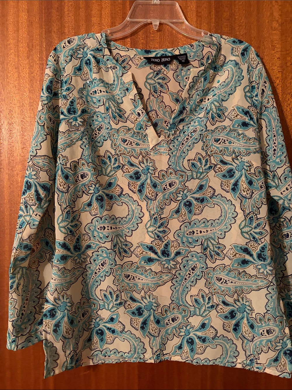 Women's Paisley V-Neck Blouse in Teal and Cream by Zero Zero